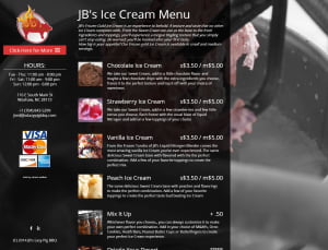 JB's Lazy Pig and Frozen Gold Ice Cream Menu Page